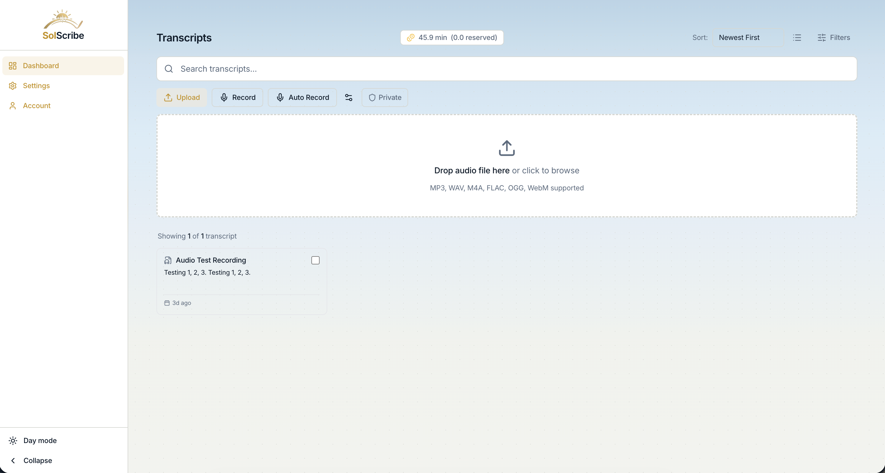 SolScribe dashboard in day mode showing file upload and transcript library