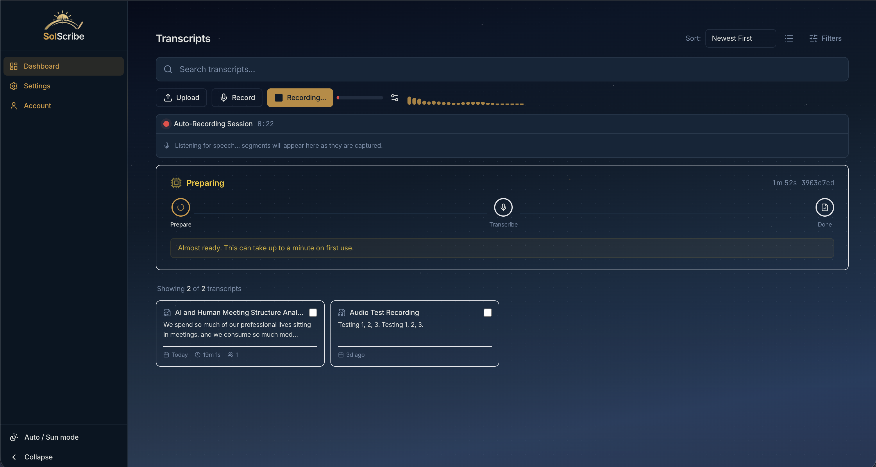 SolScribe auto-recording session with live audio waveform and transcript list