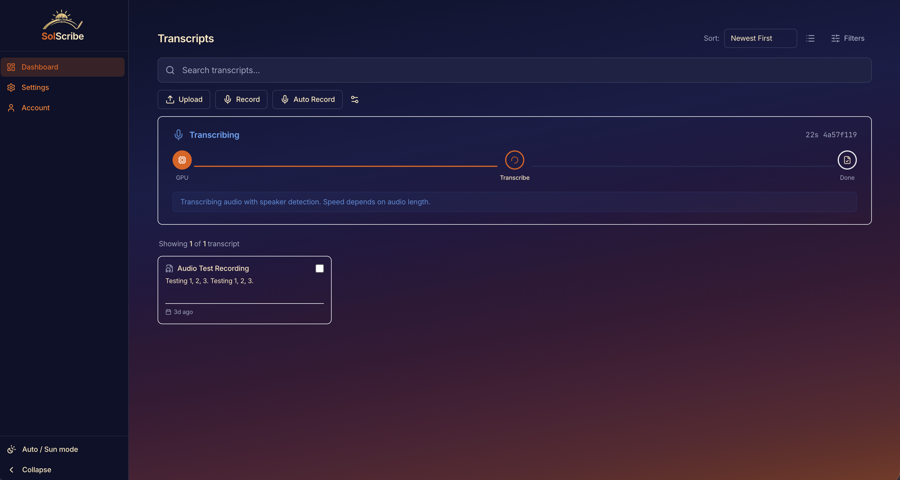 SolScribe transcribing audio in real-time with progress bar and confidence scores